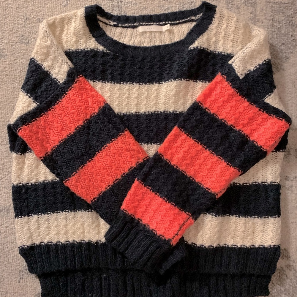Lush sweater size L. Blue and cream stripes with salmon color on sleeves.